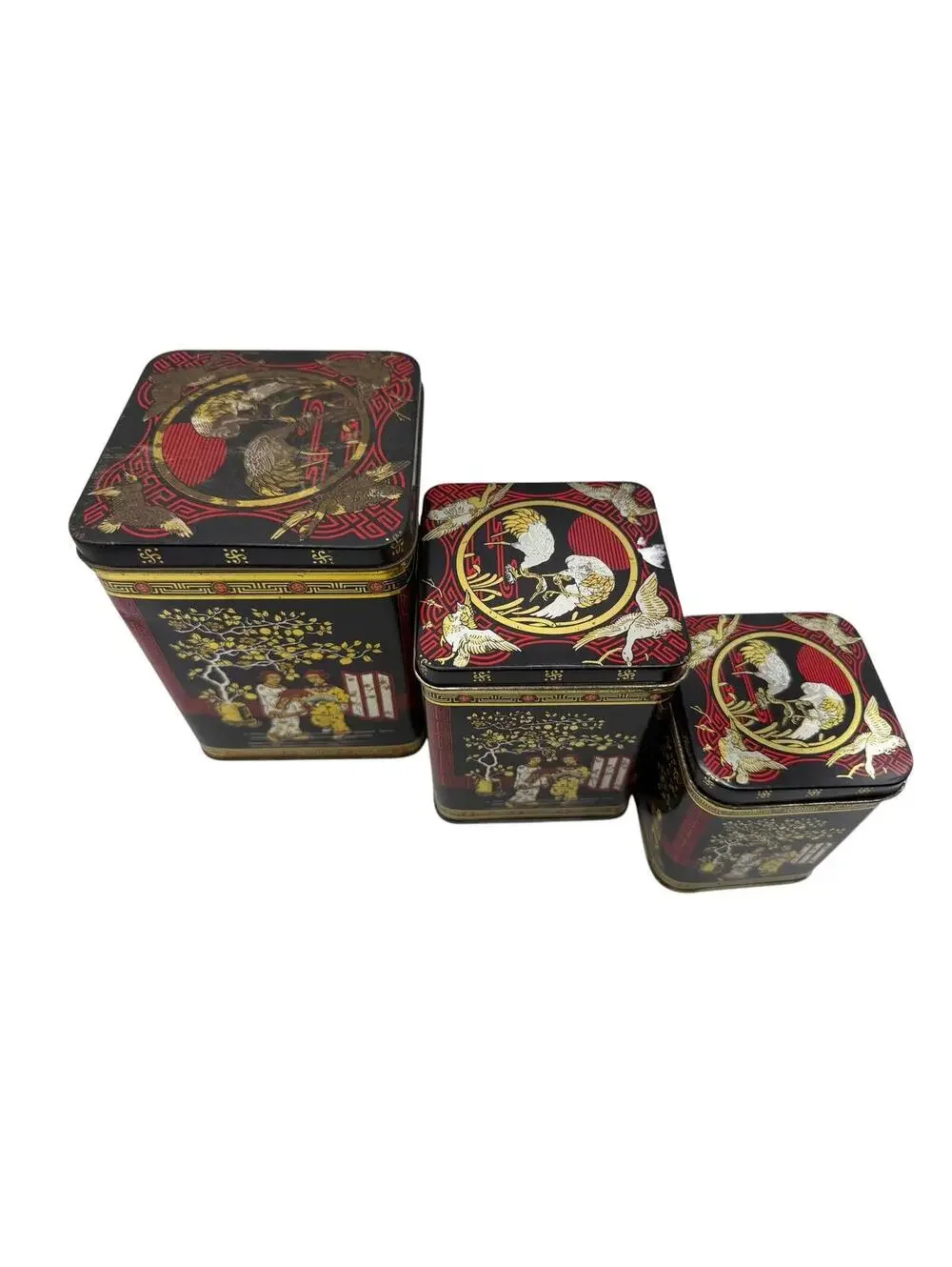 Vintage Nesting Tea Tins: Asian Design, Black & Gold Storage, Set of 3